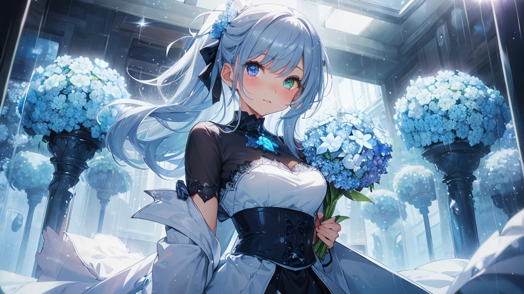 Best quality、Photorealistic、Ultra-detailed、delicate、Orderly、High Detail、Bluish Silver Short Bob、(Drooping heterochromia iris,glowing eyes、Sparkling Eyes:1.3)、slender、(One girl:1.2)、(Blue hydrangea、A girl holding a bouquet of hydrangeas、Girl in a dress、Girl wearing a coat:1.3)、rain、wet,Hair swaying in the wind、