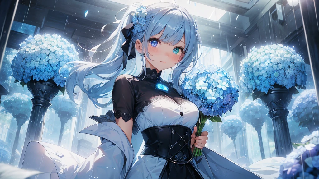 Best quality、Photorealistic、Ultra-detailed、delicate、Orderly、High Detail、Bluish Silver Short Bob、(Drooping heterochromia iris,glowing eyes、Sparkling Eyes:1.3)、slender、(One girl:1.2)、(Blue hydrangea、A girl holding a bouquet of hydrangeas、Girl in a dress、Girl wearing a coat:1.3)、rain、wet,Hair swaying in the wind、