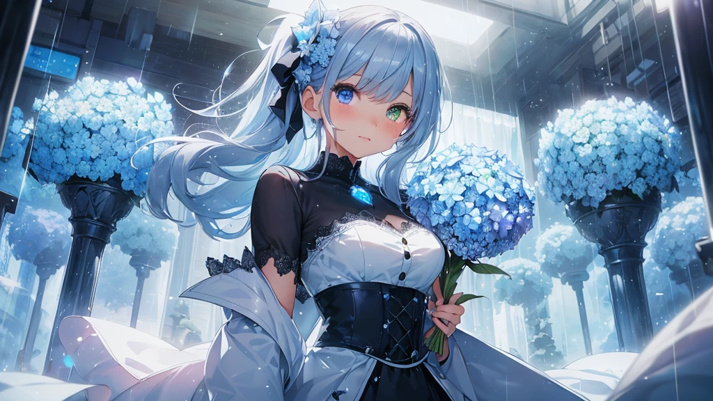 Best quality、Photorealistic、Ultra-detailed、delicate、Orderly、High Detail、Bluish Silver Short Bob、(Drooping heterochromia iris,glowing eyes、Sparkling Eyes:1.3)、slender、(One girl:1.2)、(Blue hydrangea、A girl holding a bouquet of hydrangeas、Girl in a dress、Girl wearing a coat:1.3)、rain、wet,Hair swaying in the wind、