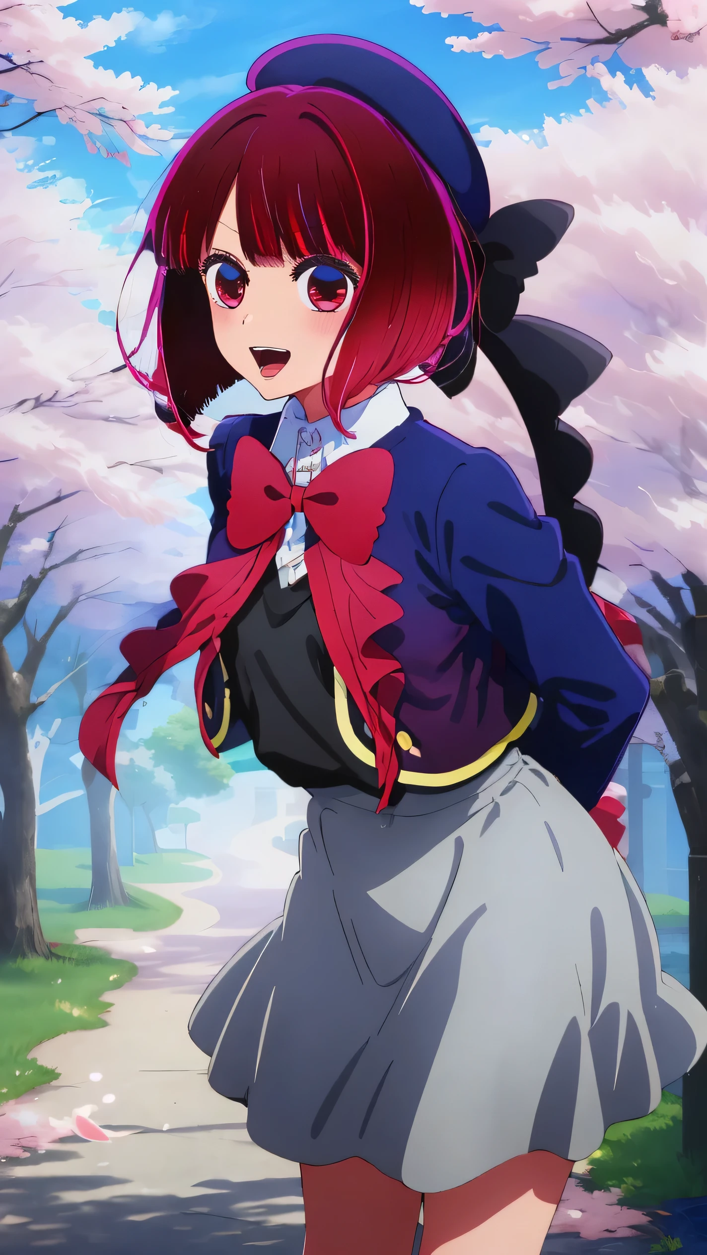 masterpiece, best quality, highres, looking at viewer, aakana, aakana, short hair, beret, red eyes, blue headwear, red bowtie, collared shirt, blue jacket, open jacket, long sleeves, grey skirt, smile, open mouth, standing, leaning forward, arms behind back, outdoors, cherry blossoms,