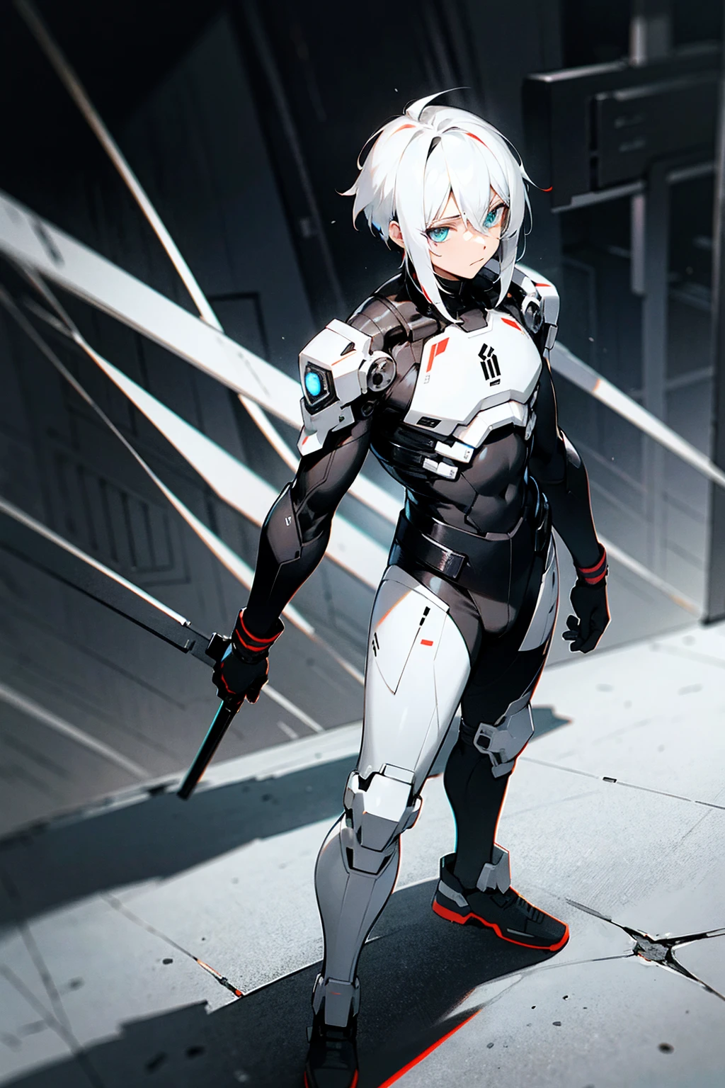1male, two toned hair, black and white hair, split colored hair, expressionless, heterochromia, black and white full combat suit, city background, standing on path, hands to side