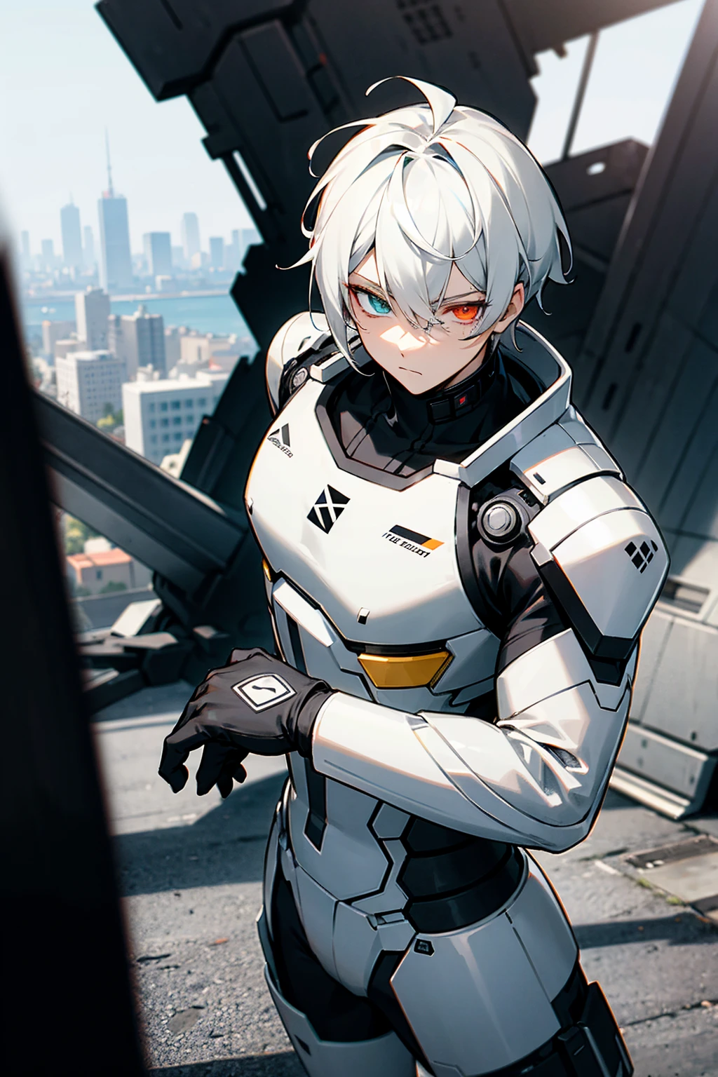 1male, two toned hair, black and white hair, split colored hair, expressionless, heterochromia, black and white full combat suit, city background, standing on path, hands to side