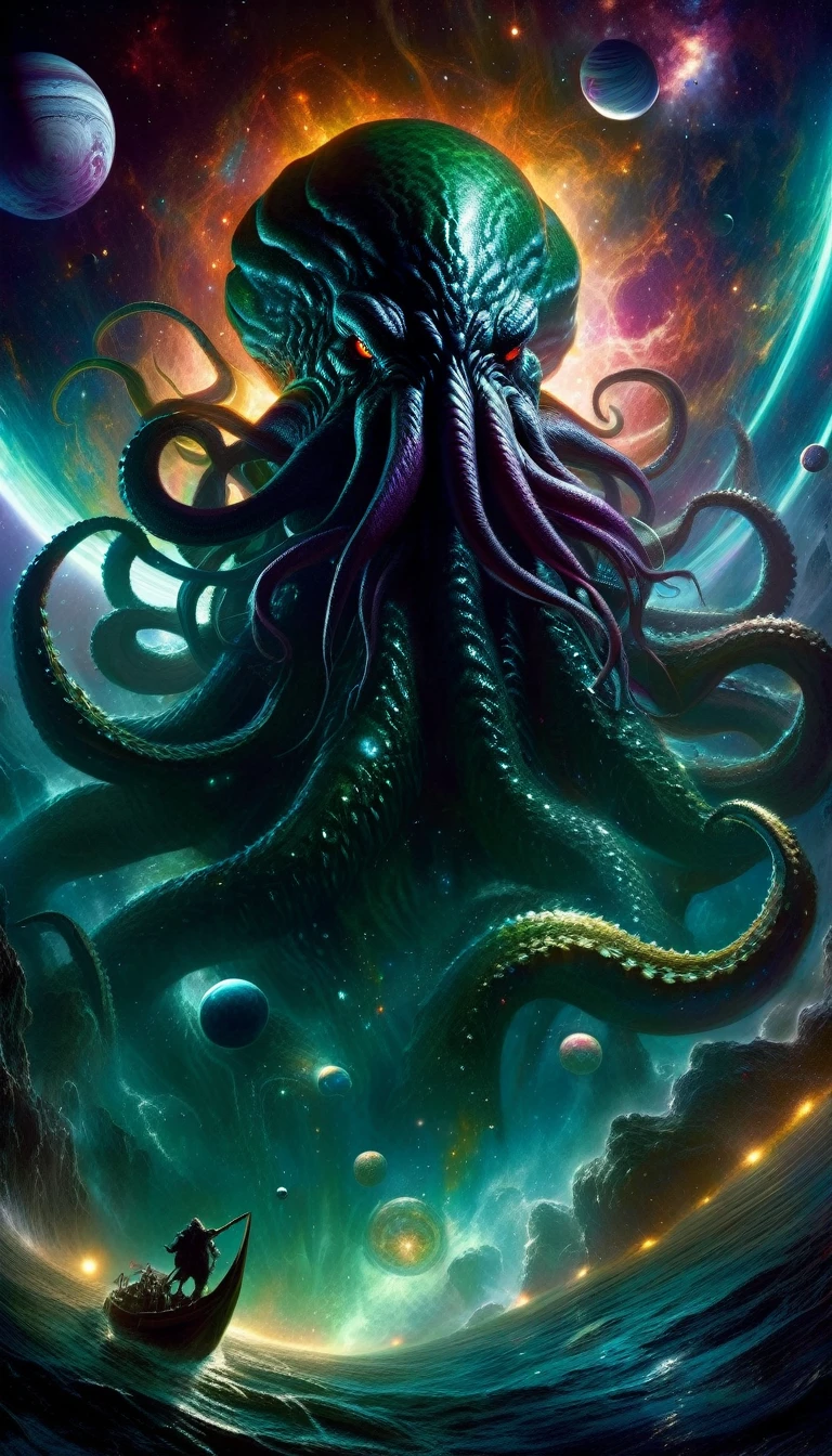 an eldritch,cosmic horror,cthulhu,massive creature,enormous,tentacles,otherworldly,floating in space,surrounded by sinister planets,moody lighting,eerie atmosphere,mysterious,Bill Sienkiewicz,concept art,digital painting,ultra-detailed,hyper-realistic,cinematic,dramatic lighting,dark and moody,vibrant colors,intricate details,highly detailed,photorealistic