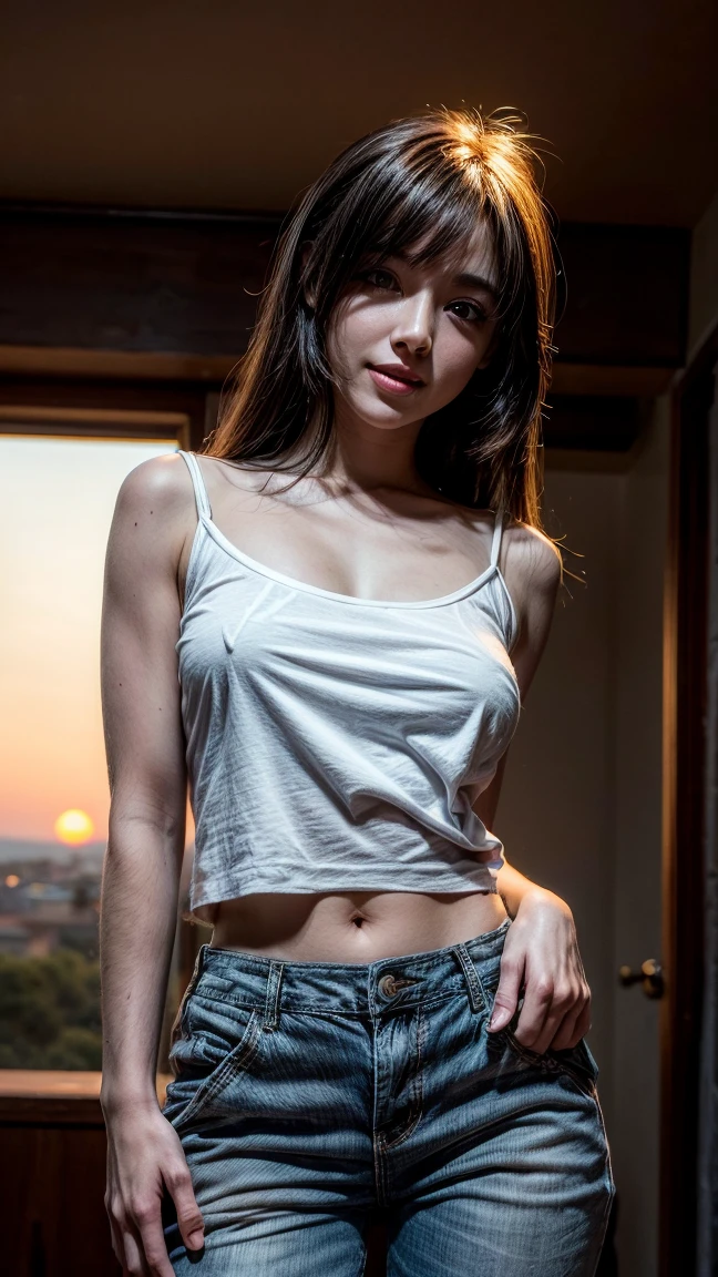1 chica, modelo de fotografia, sonrisa, centrarse en el espectador, beautiful lighting, mejor calidad, obra maestra, ultra high resolution, Fotorrealista, pelo negro, Blusa corta negra, pantalones cortos, media larga, enormes pechos perfectos, pale skin,( fondo del atardecer:1.4)