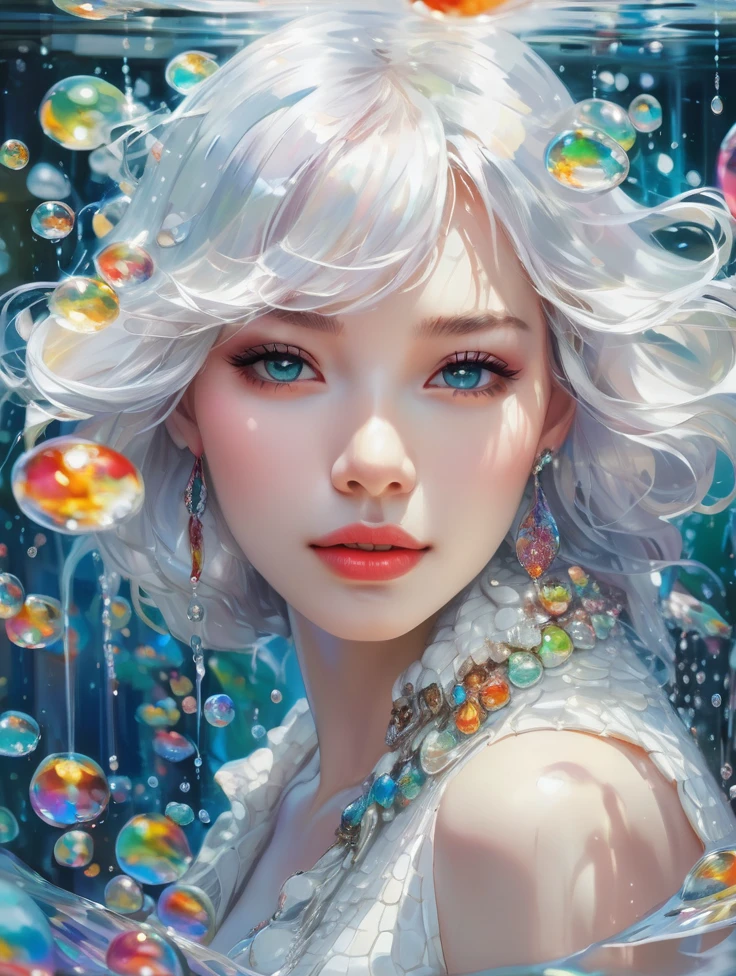 a women, white crocodile, Colorful colors, surrounded by water bubbles, in the style of Kawacy, Masterpiece, Oil painting drawn in anime style, head close - up, exaggerated perspective, Tyndall effect, water drops, mother - of - pearl iridescence, Holographic white,