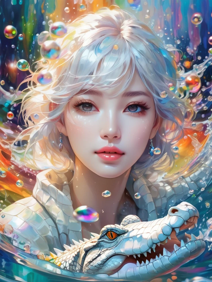 a women, white crocodile, Colorful colors, surrounded by water bubbles, in the style of Kawacy, Masterpiece, Oil painting drawn in anime style, head close - up, exaggerated perspective, Tyndall effect, water drops, mother - of - pearl iridescence, Holographic white,