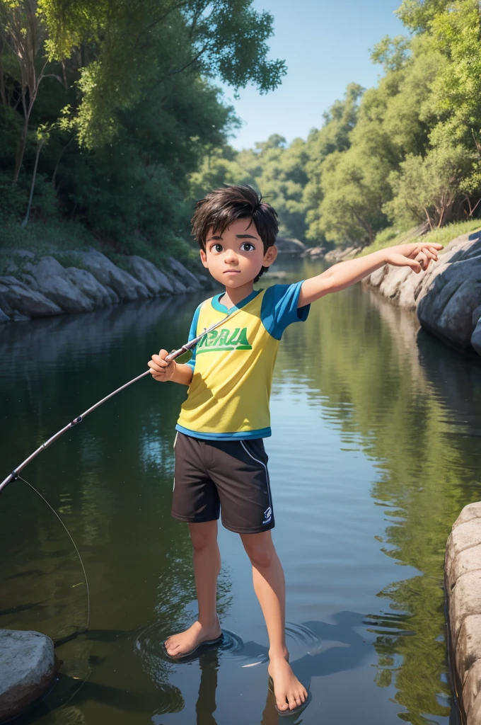 create an image of a boy with a fishing rod, Brazilian, in the river pixar style drawing in 3D and 32k