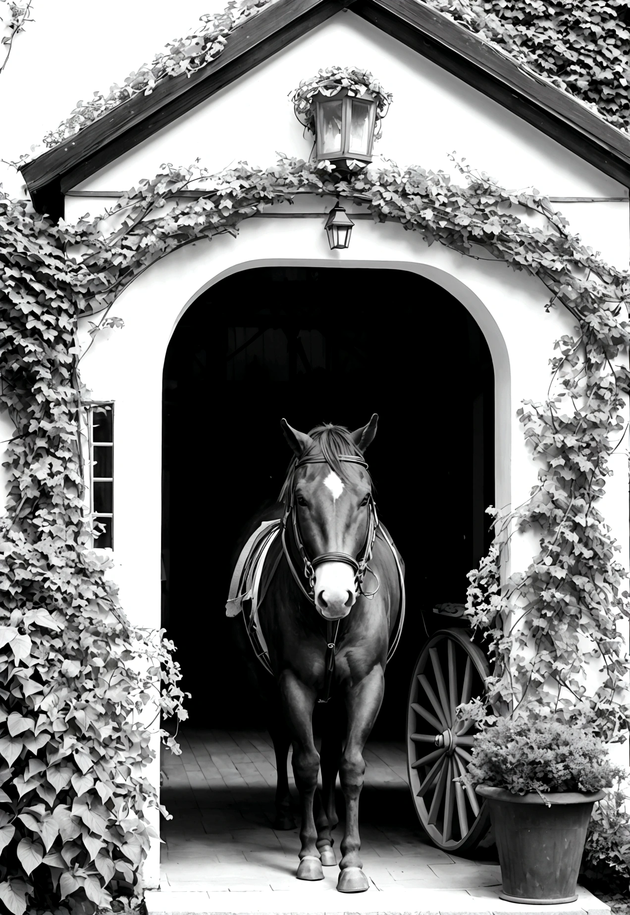 grey and white only, Book page coloring art, All-white background, Use only outlines, line art, coloring book, Clean line art, For coloring Simple and clean line art, coloring book page, perfect symmetric details, Countryside Inn: A cozy countryside inn with ivy growing up the walls, a sign hanging out front, a flower-filled garden, and a horse-drawn carriage waiting by the entrance.