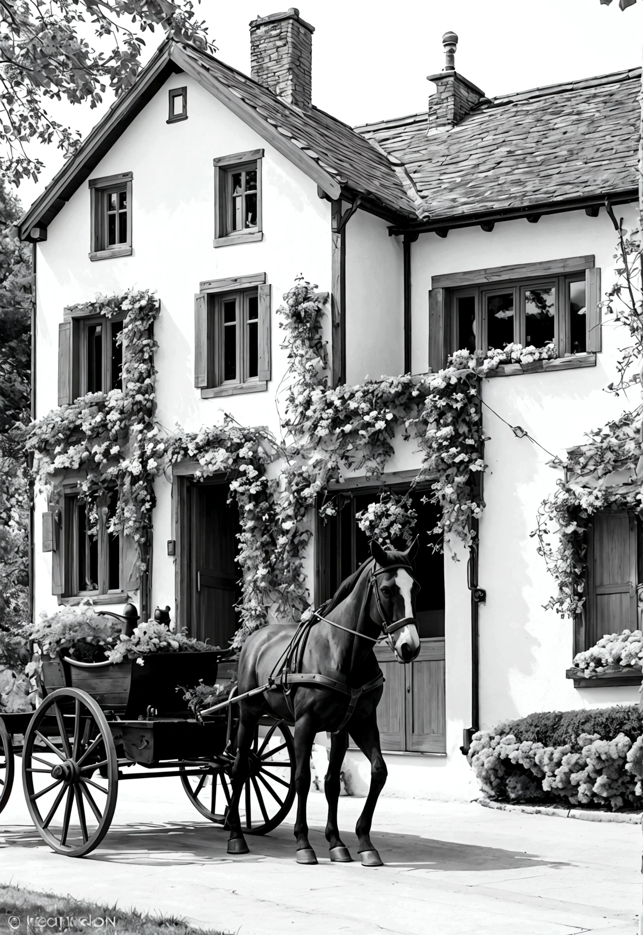 grey and white only, Book page coloring art, All-white background, Use only outlines, line art, coloring book, Clean line art, For coloring Simple and clean line art, coloring book page, perfect symmetric details, Countryside Inn: A cozy countryside inn with ivy growing up the walls, a sign hanging out front, a flower-filled garden, and a horse-drawn carriage waiting by the entrance.