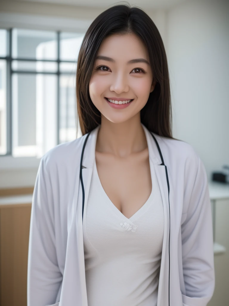 hospital room, 1girl, beautiful slim Japanese woman, wearing (white lab coat:1.47), solid circle eyes, light smile, ccurate, sparkling eyes, (((fingersmile))), (medium shot), high detail, photo-realistic:1.37, 8k, super detail, best quality, masterpiece, anatomically correct, super detail, textured skin, extremely detailed face and eyes, detailed facial features, ((perfect face))