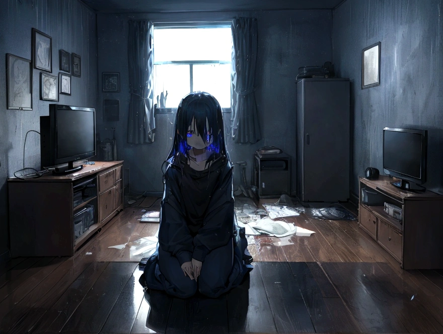 lone figure huddled beneath bedsheets in a darkened room, illuminated only by the flickering blue light of a television screen. The room is messy and disorganized, reflecting the occupant's inner turmoil. Rain streaks down the windowpane, distorting the view of the streetlight outside. The sound of the storm and the hum of the television create a dissonant symphony of noise that masks the subtler sounds of the night. Despite the apparent safety of the room, an undercurrent of fear and anxiety permeates the scene, leaving the viewer questioning if the true horror lies outside the window or within the confines of the room itself.