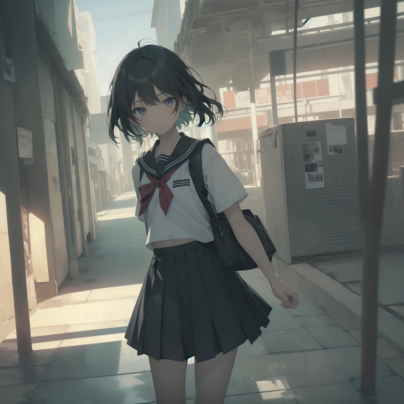 ultra-absurdres-Top quality by artist God, ultra-detailed, high resolution, anime moe artstyle, best anime 8k konachan wallpaper, pixiv contest winner, pool:2810, perfect anatomy,break, 1girl, (Please draw a girl walking sleepily to school alone. )break,(Solo,little female, 13-year-old:1.3),Full limbs, complete fingers,a junior high school student, (very short hair), short cut, flat chest, , small butt, small black eyes, beautiful detailed eyes, well-proportioned iris and pupils, expressive eyes, highres detailed hair, soft expression, salor school_uniform, sailor collar, serahuku, bow, pleated skirt,(Detailed Lighting), (Detailed background), in the School commute route. break,super detailed skin, Best cinematic lighting powered by famous artist, 8k,beauty illustration,photoshop_(medium),very aesthetic,break,((artist:neocoill )), artist:clamp ,artist:carnelian ,artist:kantoku ,
