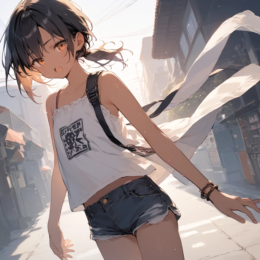 score_9, score_8_up, score_7_up, source_anime, best quality, masterpiece,official art, absurdres, highres, waifu2x,Collection: Slice of Life,break,1girl, tomboy, dark-skinned female, short hair, low ponytail, flat chest, beautiful detailed eyes, short shorts, sweat, open mouth, (yawn:0.3), sleepily, outdoors, wind, break,(clear line illustration:1.2),very high resolution, very aesthetic, super detailed skin, Best sexual lighting powered by famous artist, 8k,cute picture,beauty illustration,photoshop_(medium),,(Detailed Lighting)