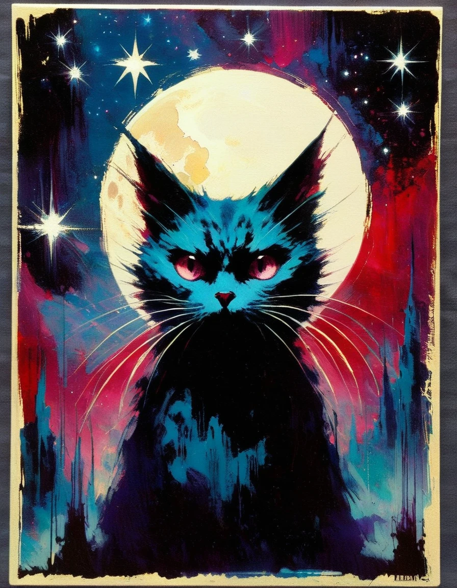 tarot card: the horror and the evil cat, horror tones, moon and stars(inspirational art by Bill Sienkiewicz, oil painting, brush stroke details that enhance depth)
