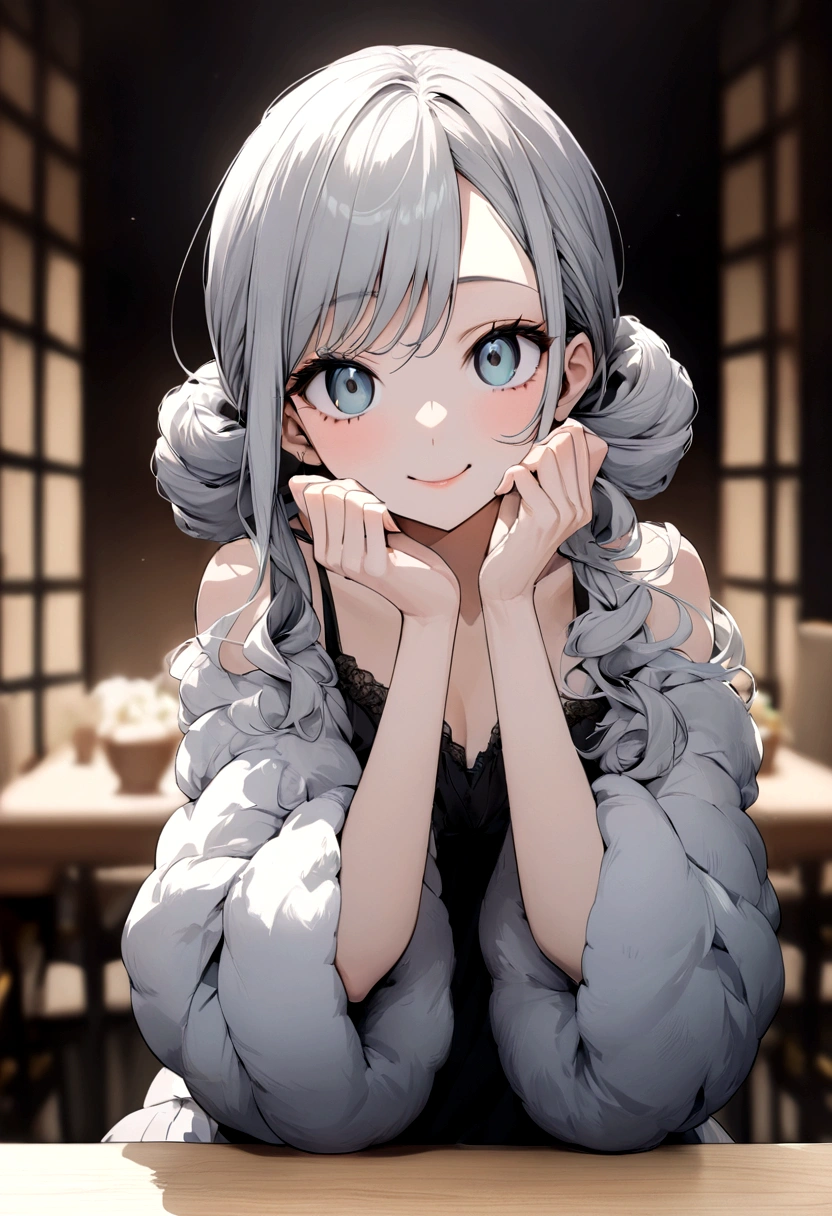 table top, highest quality, shape, Super detailed, finely, High resolution, 8k wallpaper, Perfect dynamic shape, beautiful and detailed eyes, tokyo trend冬ファッション,tokyo trend＆Introducing cute hairstyles at random, small breasts, natural color lip, random sexy pose,cute smile,20 year old girl、beautiful and detailed face、perfect and beautiful face,Big eyes、Wear fluffy black outerwear with fur、beautiful and detailed face、perfect and beautiful double eyelids、blur the background、perfect and beautiful face、Feminine poses、blur the background、slim face and style、blur background