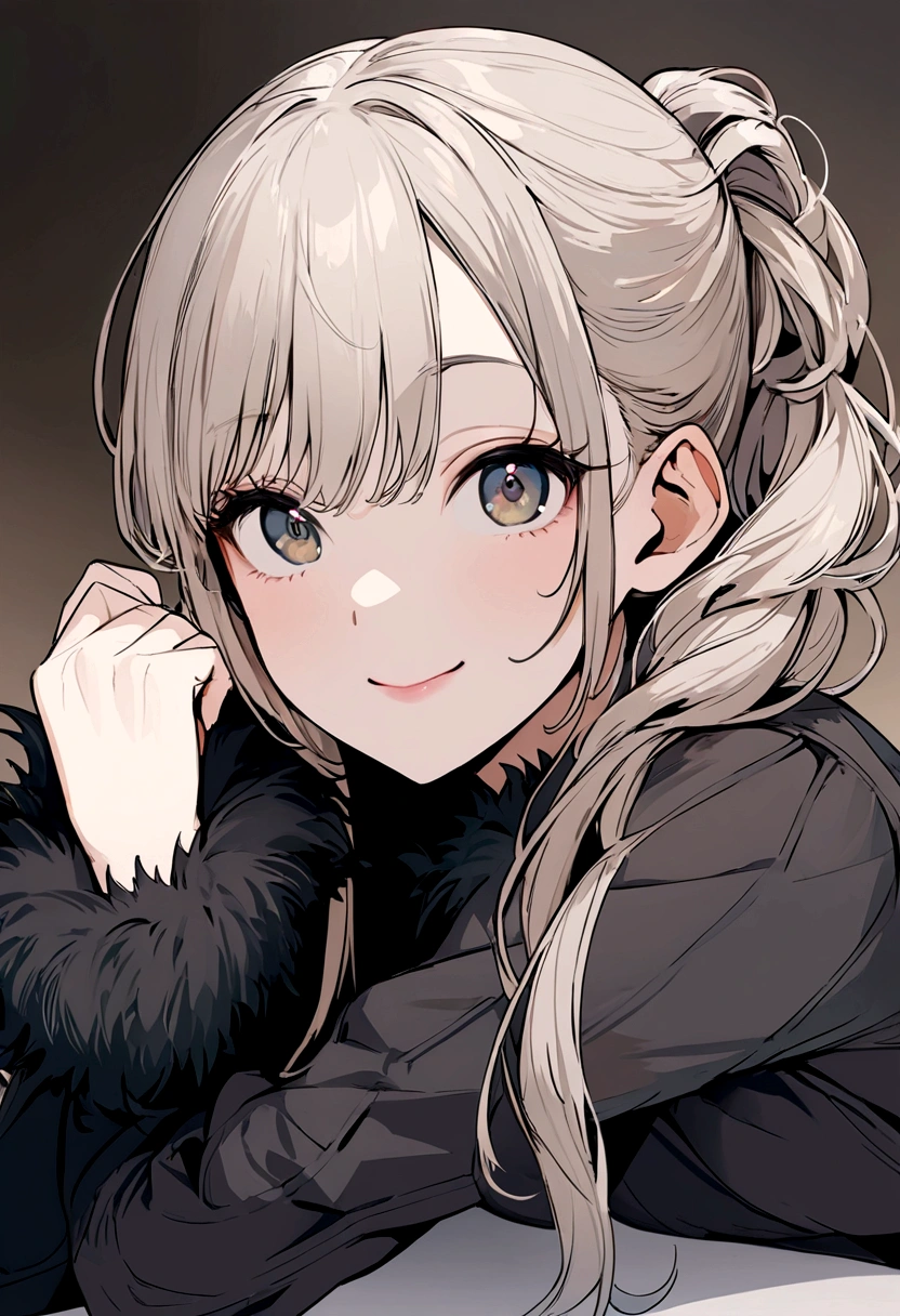 table top, highest quality, shape, Super detailed, finely, High resolution, 8k wallpaper, Perfect dynamic shape, beautiful and detailed eyes, tokyo trend冬ファッション,tokyo trend＆Introducing cute hairstyles at random, small breasts, natural color lip, random sexy pose,cute smile,20 year old girl、beautiful and detailed face、perfect and beautiful face,Big eyes、Wear fluffy black outerwear with fur、beautiful and detailed face、perfect and beautiful double eyelids、blur the background、perfect and beautiful face、Feminine poses、blur the background、slim face and style、blur background