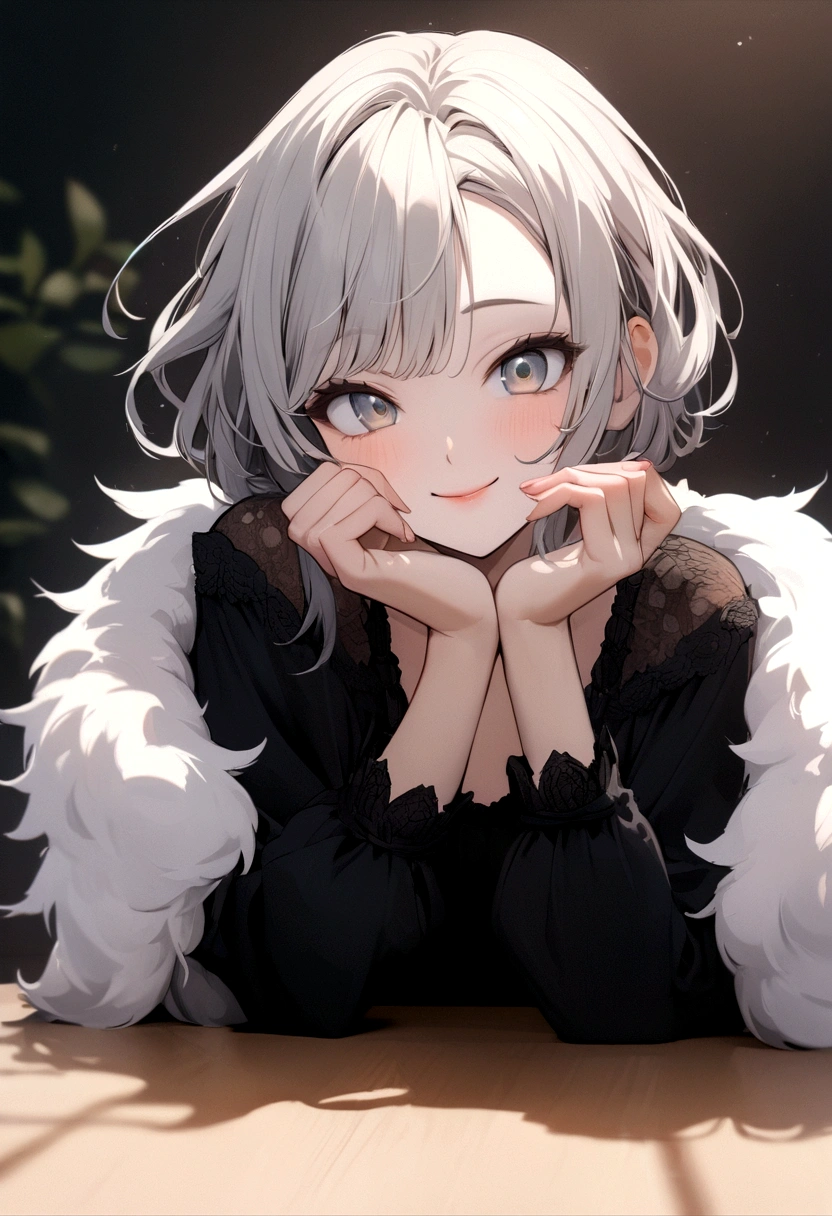 table top, highest quality, shape, Super detailed, finely, High resolution, 8k wallpaper, Perfect dynamic shape, beautiful and detailed eyes, tokyo trend冬ファッション,tokyo trend&Introducing cute hairstyles at random, small breasts, natural color lip, random sexy pose,cute smile,20 year old girl、beautiful and detailed face、perfect and beautiful face,Big eyes、Wear fluffy black outerwear with fur、beautiful and detailed face、perfect and beautiful double eyelids、blur the background、perfect and beautiful face、Feminine poses、blur the background、slim face and style、blur background
