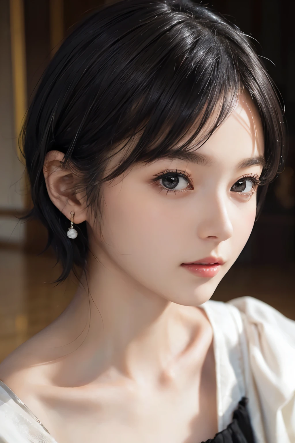 (((Black Short Hair))), (Louvre Museum), Seductive pose, Background is grassland、Image from chest up:1.6)、Close-up portrait of a woman wearing a white off-the-shoulder top dress and earrings, Soft portrait shot 8k, Nice delicate face, High-quality 4K portraits, High-quality portraits, Soft, perfect, pale skin, 8K Highly Detailed Face, なbeautiful繊細な顔, beautiful光の大きな目, Beautiful and realistic face, beautiful１４Old woman, Beautiful and realistic face, cute１４Old woman