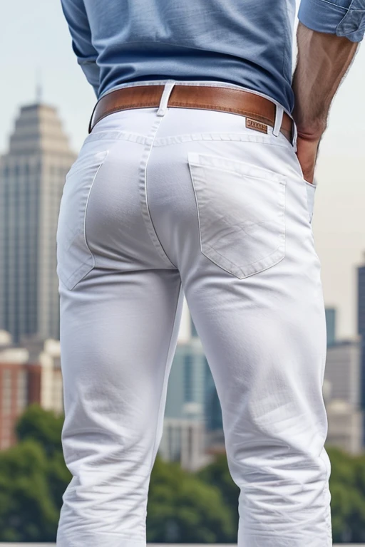 Mature man, very handsome, best quality, shirt formal ((white jeans)), hairy chest , masterpiece, super high resolution, detailed background, reality, , single, 1 boy, muscle man, beard, in the city, muscle, facial hair, volumetric lighting, depth of field, wheezing, raised crotch, handsome action, big dynamics,(((backside))) (((Big butt)))