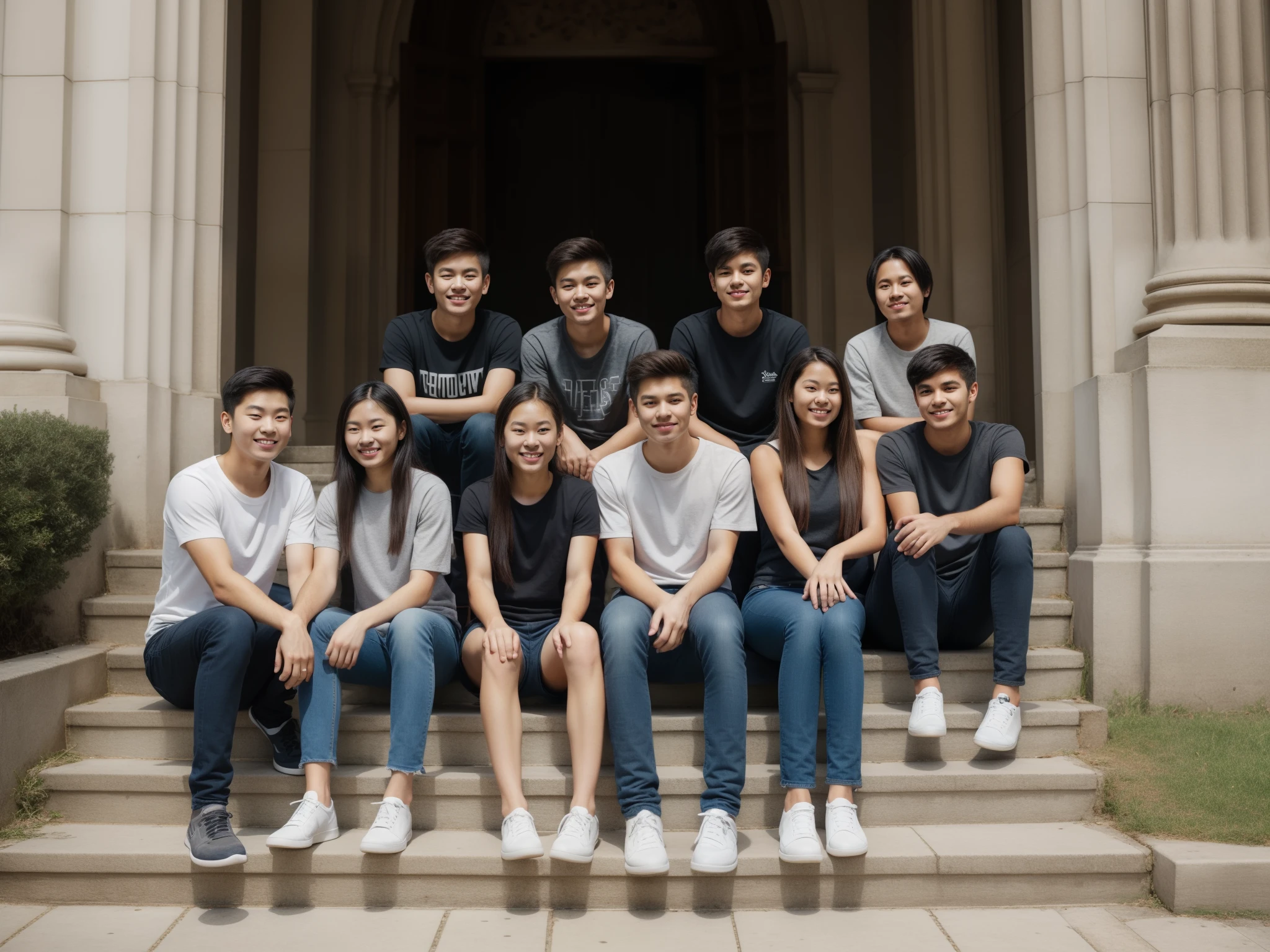 a group of young people (both male and female) sitting on the stairs of a church