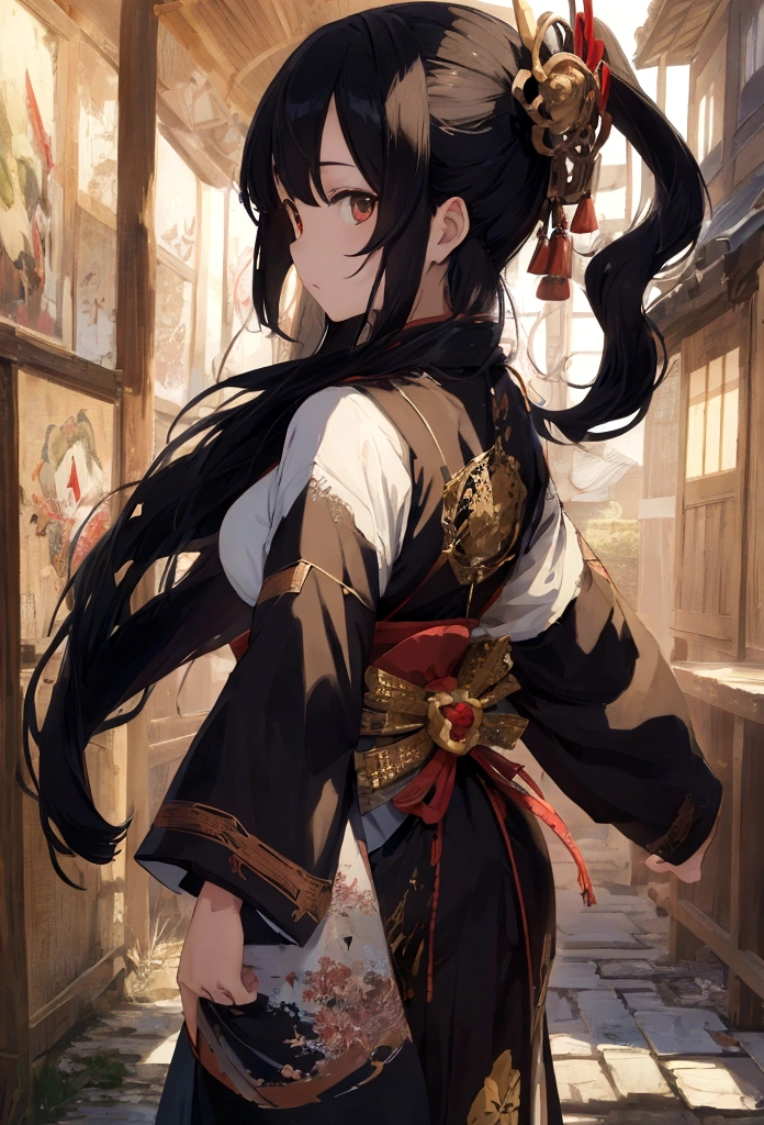 a Japanese art picture of Japanese female knight, she has long black hair, wearing samurai armor, armed with a katana, ready for battle, ((shot taken from the back)), Japanese fantasy art, (Masterpiece: 1.5), 16k, highres, best quality, high details, ultra detailed, masterpiece, best quality, (extremely detailed), arafed, battoujutsu