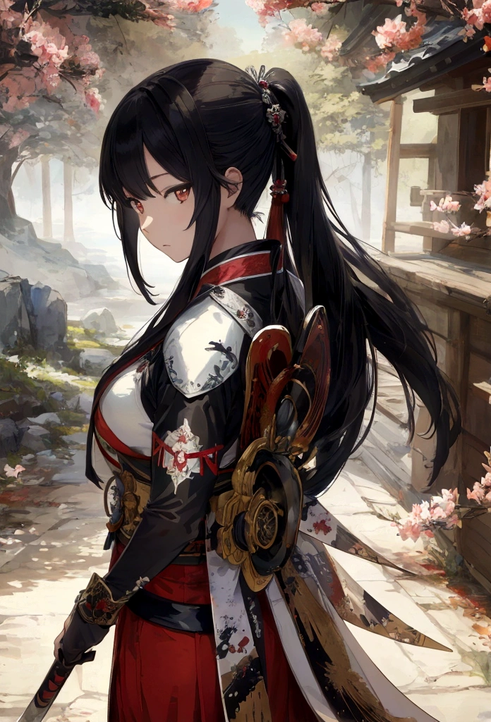 a Japanese art picture of Japanese female knight, she has long black hair, wearing samurai armor, armed with a katana, ready for battle, ((shot taken from the back)), Japanese fantasy art, (Masterpiece: 1.5), 16k, highres, best quality, high details, ultra detailed, masterpiece, best quality, (extremely detailed), arafed, battoujutsu