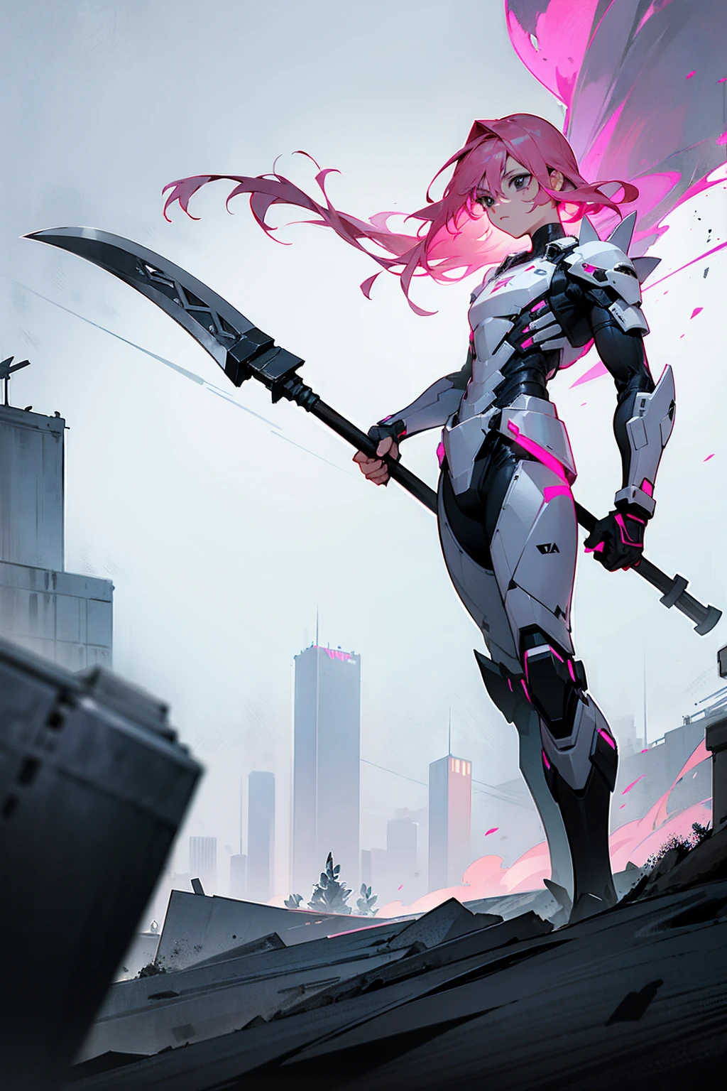 1male, pink hair, black eyes, giant combat axe on back, axe, short flowing hair, battle scars, black and white combat suit, city background, standing on path, hands to side