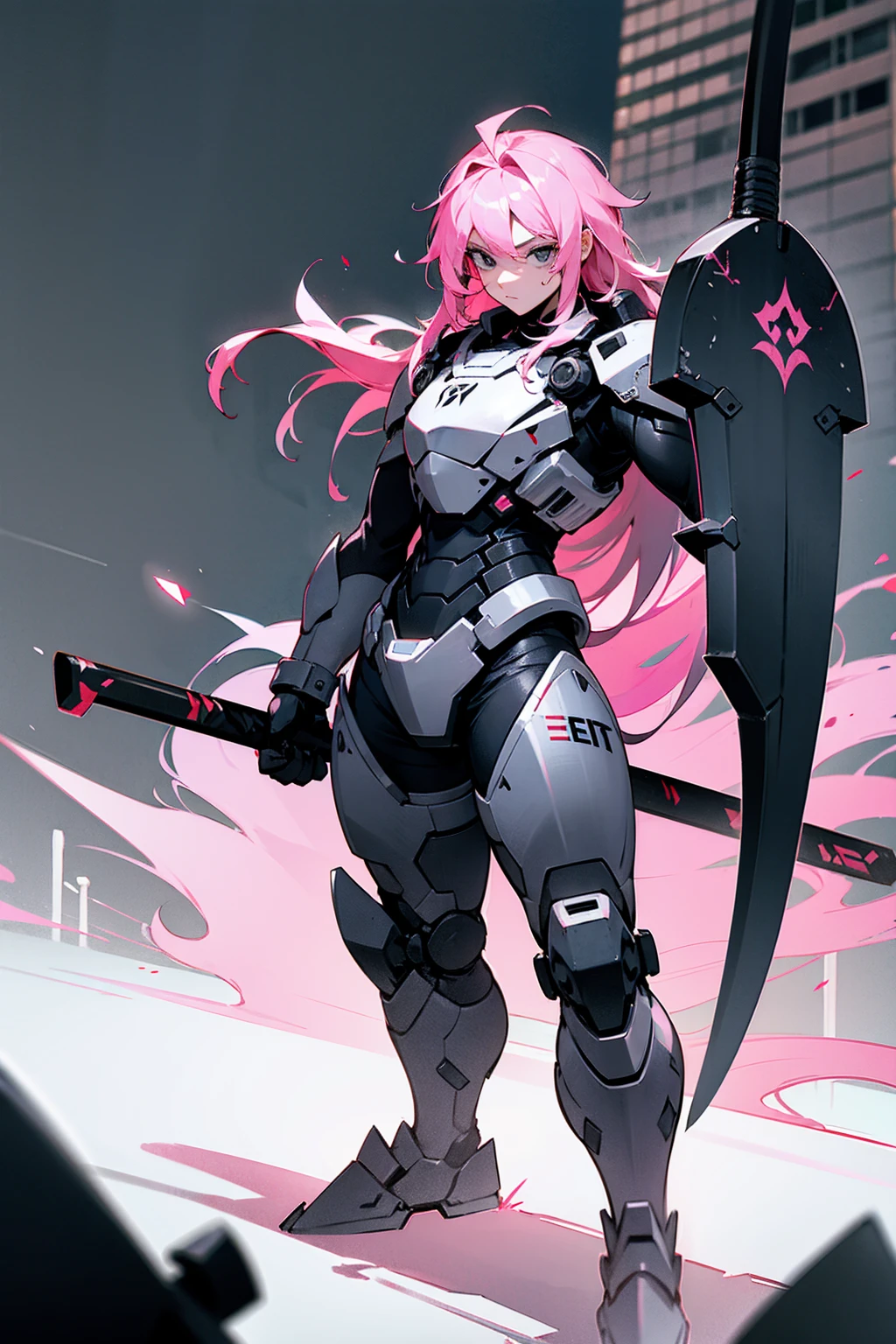 1male, pink hair, black eyes, giant combat axe on back, axe, short flowing hair, battle scars, black and white combat suit, city background, standing on path, hands to side