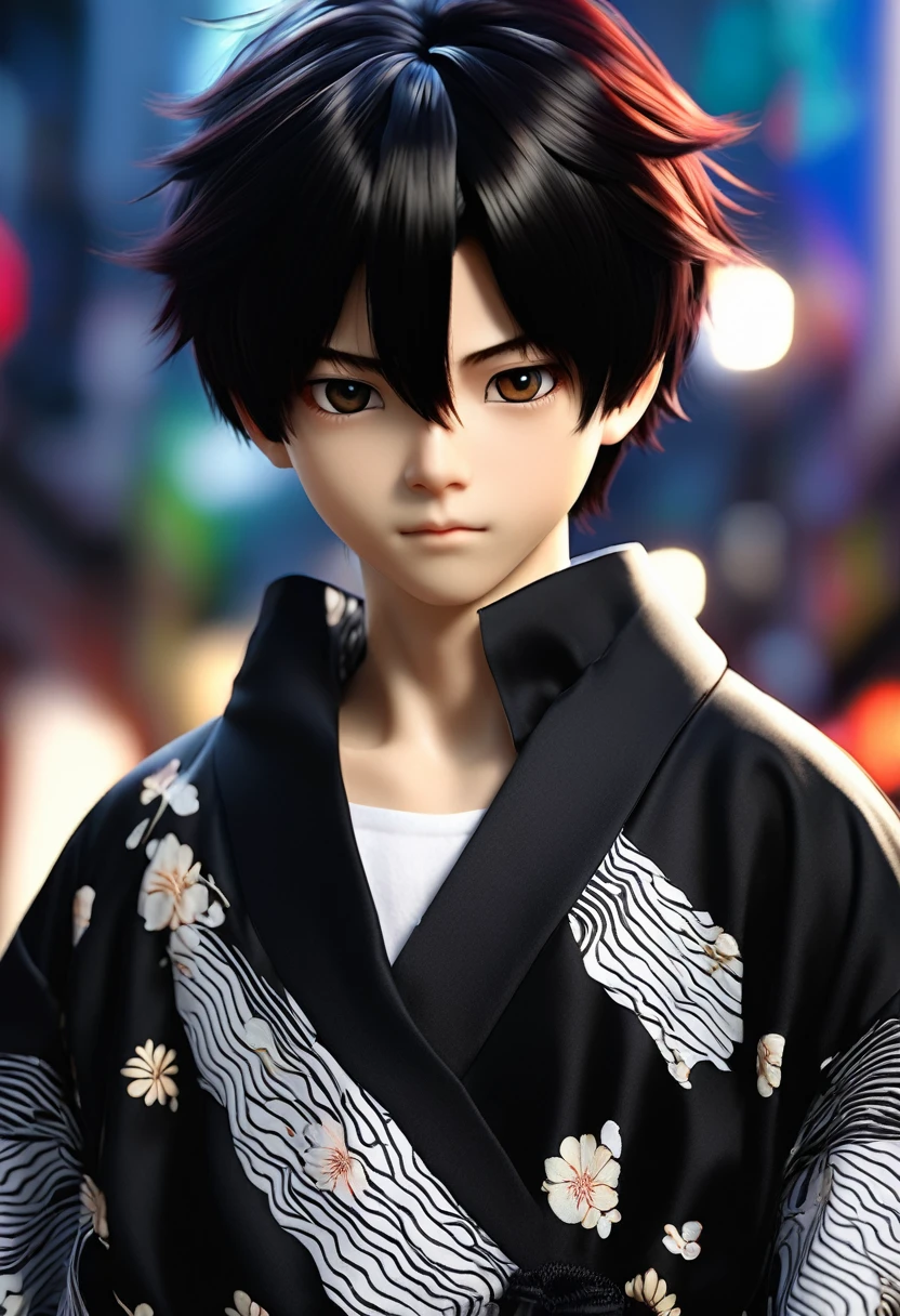 Japanese boy Toya todoroki style, de roupa preta, cabelo preto liso, pelo realista 