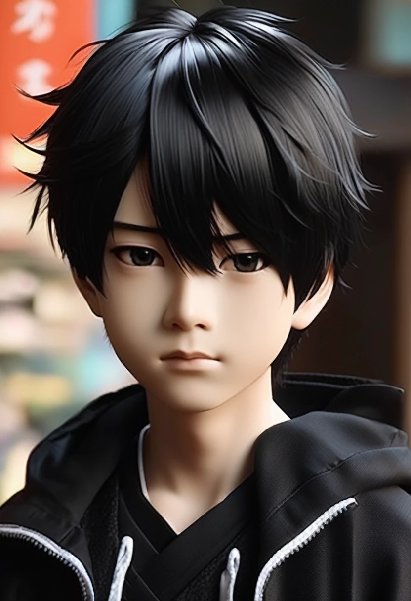 Japanese boy Toya todoroki style, de roupa preta, cabelo preto liso, pelo realista