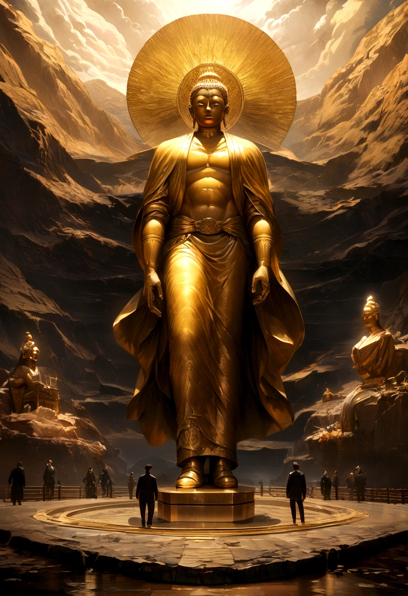 A huge golden Buddha statue stands on top of a mountain，Pilgrims&#39; Path，A light smile,Chinese style，In the distance, Surrealism, Stereogram, tachi-e, Atmospheric perspective, Hyper Photorealism, Cinema Lighting, Divine Light, Super detailed, Accurate, highest quality, masterpiece, 16k, Attention to detail, High resolution, Awards, Super detailed, Anatomically correct