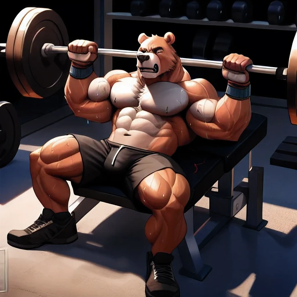 muscular thick bear bodybuilder, shirtless, black gym shorts, wristbands, incline bench press, 250lbs, getting pumped, highly detailed, hyper realistic, photorealistic, 8k, high resolution, cinematic lighting, dramatic shadows, extreme muscle definition, veins popping, sweat glistening, intense expression, powerful, strong, masculine