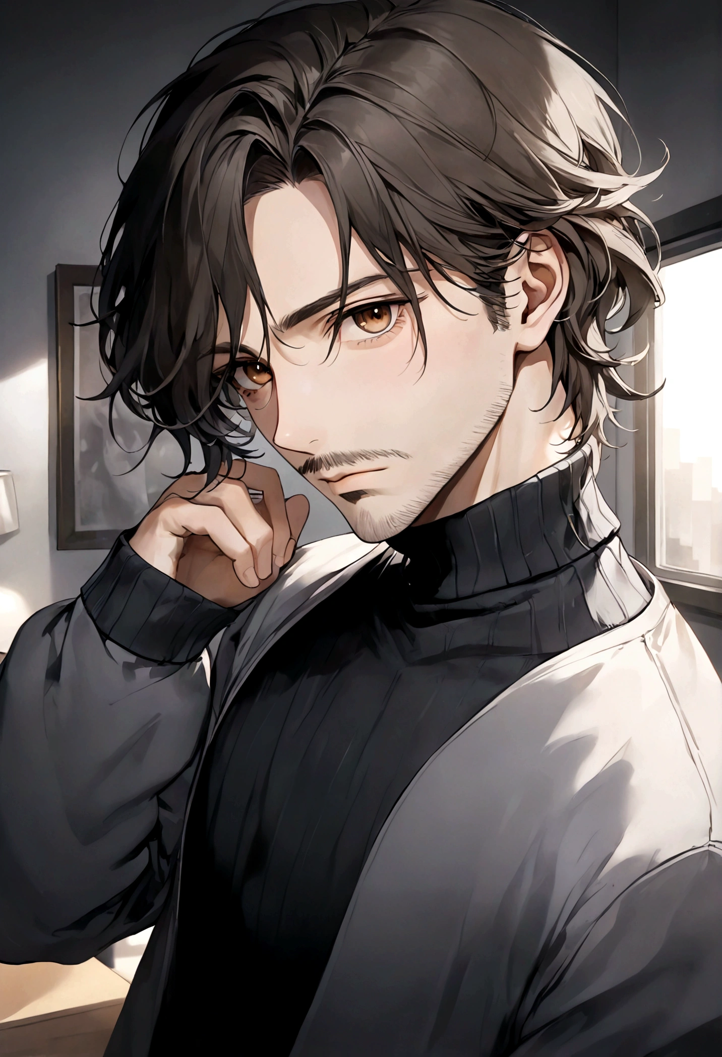 (black turtleneck sweater, A men&#39;s turtleneck sweater), ), ((bigote estilo Van Dyke y (barba de chivo) "Van Dyke", Van Dyke beard)), (light brown eyes), Aspecto atractivo y serio, ((cabello muy largo oscuro, messy hair)), Elegante y con estilo, abrigo elegante color gris largo, Un hombre similar al actor Jim Morrison con el cabello largo, ((cabello muy largo)), (Imagen realista y de alta calidad), Apartamento escandinavo en el fondo simple de un cuarto, ((La mejor calidad, 8K, obra maestra).((pose dinamica con mirada al frente, viendo al espectador)), (cabello largo pasando los hombros)