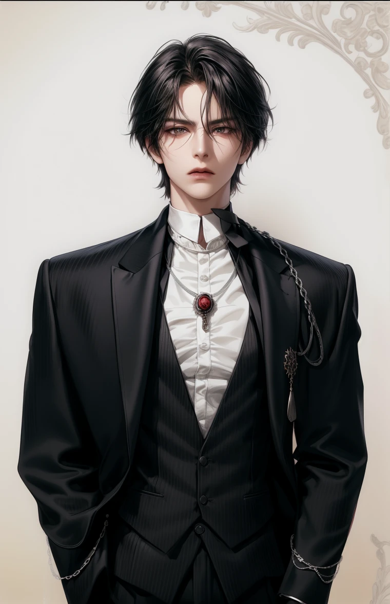 (masterpiece,best quality,ultra_detailed,highres,absurdres),1boy, male focus,solo, white hair,chain, shirt, black necktie, necktie, simple background, yellow eyes, upper body, vest, short hair, looking at viewer, parted lips, collared shirt, round eyewear, long sleeves, hand on own shoulder, black shirt, red background, brown vest, monocle, jewelry (looking  away:1.2), beautiful detailed eyes, skeleton head pendant with silver chain, same face, black hair, same hairstyle, same outfit, black outfit 