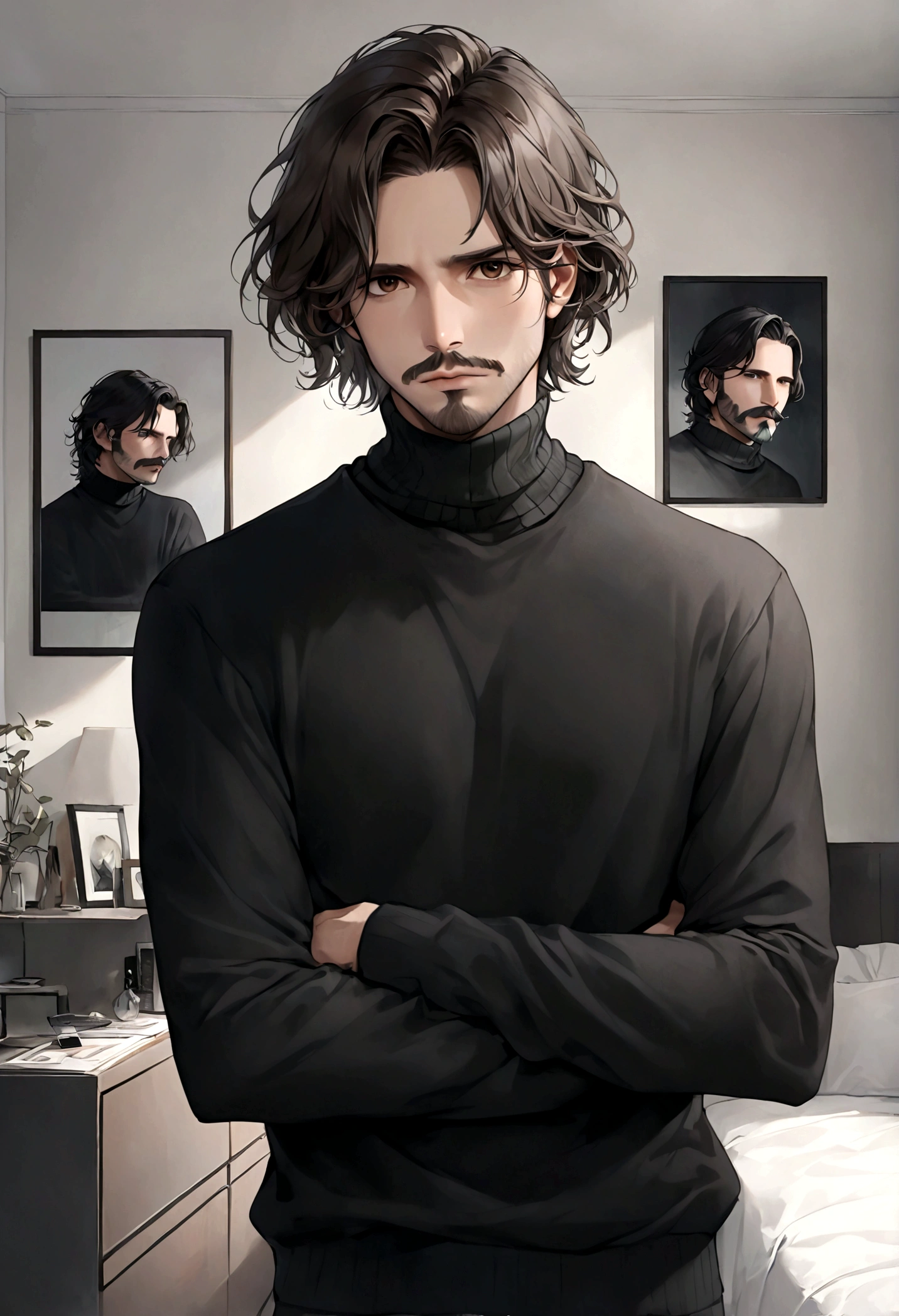 (black turtleneck sweater, A men's turtleneck sweater), ), ((bigote estilo Van Dyke y (barba de chivo) "Van Dyke", Van Dyke beard)), (light brown eyes), Aspecto atractivo y serio, ((cabello muy largo oscuro, messy hair)), Elegante y con estilo, abrigo elegante color gris largo, Un hombre similar al actor Jim Morrison con el cabello largo, ((cabello muy largo)), (Imagen realista y de alta calidad), Apartamento escandinavo en el fondo simple de un cuarto, ((La mejor calidad, 8K, obra maestra).((pose dinamica con mirada al frente, viendo al espectador)), (cabello largo pasando los hombros)