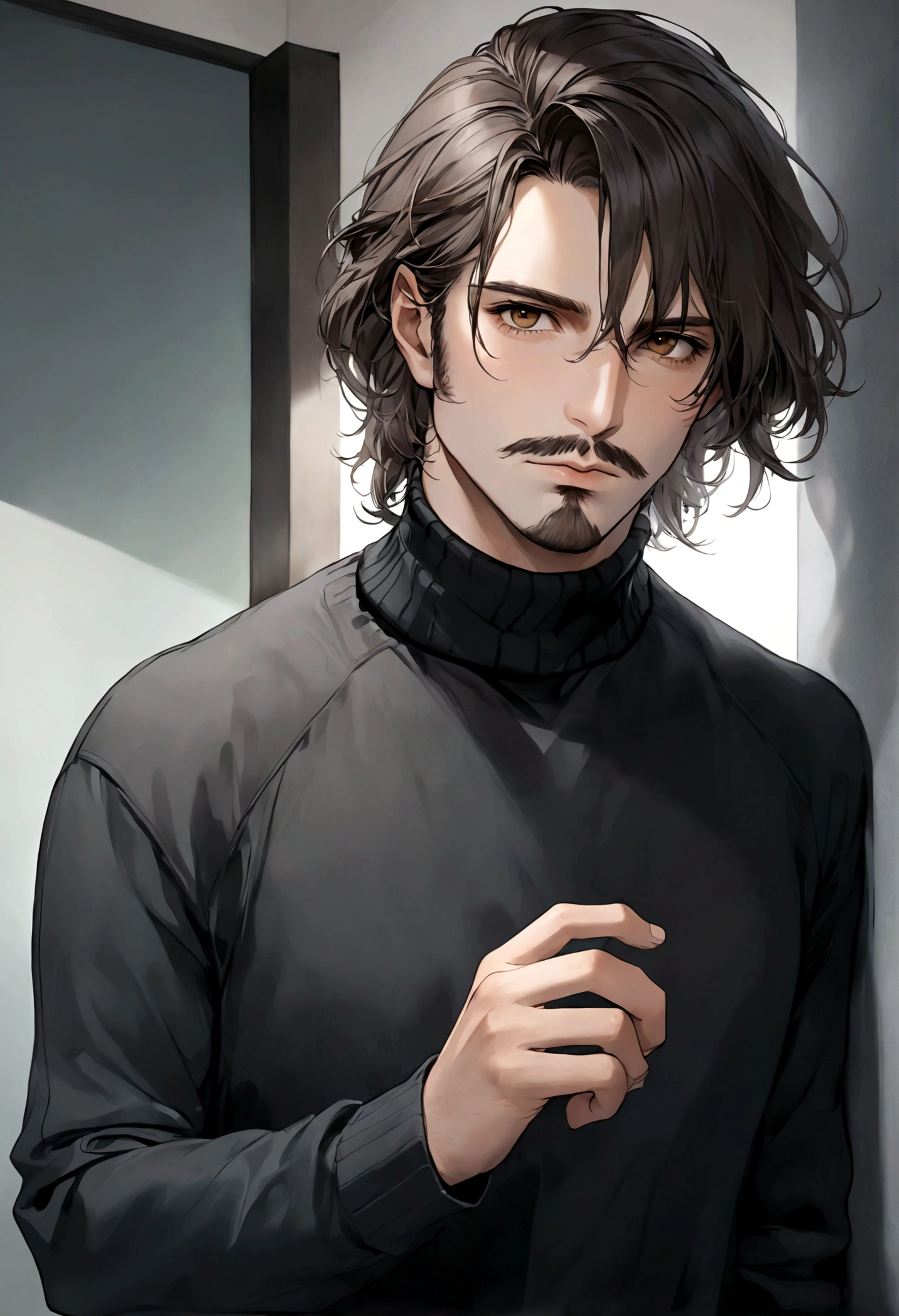 (black turtleneck sweater, A men&#39;s turtleneck sweater), ), ((bigote estilo Van Dyke y (barba de chivo) "Van Dyke", Van Dyke beard)), (light brown eyes), Aspecto atractivo y serio, ((cabello muy largo oscuro, messy hair)), Elegante y con estilo, abrigo elegante color gris largo, Un hombre similar al actor Jim Morrison con el cabello largo, ((cabello muy largo)), (Imagen realista y de alta calidad), Apartamento escandinavo en el fondo simple de un cuarto, ((La mejor calidad, 8K, obra maestra).((pose dinamica con mirada al frente, viendo al espectador)), (cabello largo pasando los hombros)