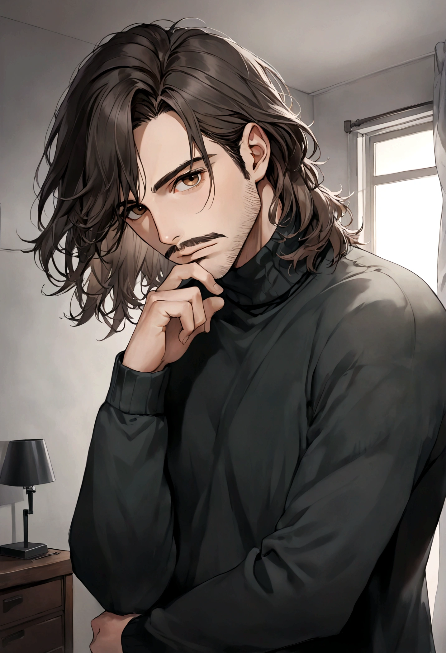 (black turtleneck sweater, A men's turtleneck sweater), ), ((bigote estilo Van Dyke y (barba de chivo) "Van Dyke", Van Dyke beard)), (light brown eyes), Aspecto atractivo y serio, ((cabello muy largo oscuro, messy hair)), Elegante y con estilo, abrigo elegante color gris largo, Un hombre similar al actor Jim Morrison con el cabello largo, ((cabello muy largo)), (Imagen realista y de alta calidad), Apartamento escandinavo en el fondo simple de un cuarto, ((La mejor calidad, 8K, obra maestra).((pose dinamica con mirada al frente, viendo al espectador)), (cabello largo pasando los hombros)