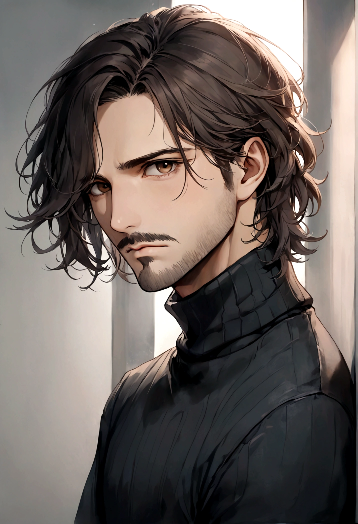 (black turtleneck sweater, A men's turtleneck sweater), ), ((bigote estilo Van Dyke y (barba de chivo) "Van Dyke", Van Dyke beard)), (light brown eyes), Aspecto atractivo y serio, ((cabello muy largo oscuro, messy hair)), Elegante y con estilo, abrigo elegante color gris largo, Un hombre similar al actor Jim Morrison con el cabello largo, ((cabello muy largo)), (Imagen realista y de alta calidad), Apartamento escandinavo en el fondo simple de un cuarto, ((La mejor calidad, 8K, obra maestra).((pose dinamica con mirada al frente, viendo al espectador)), (cabello largo pasando los hombros)