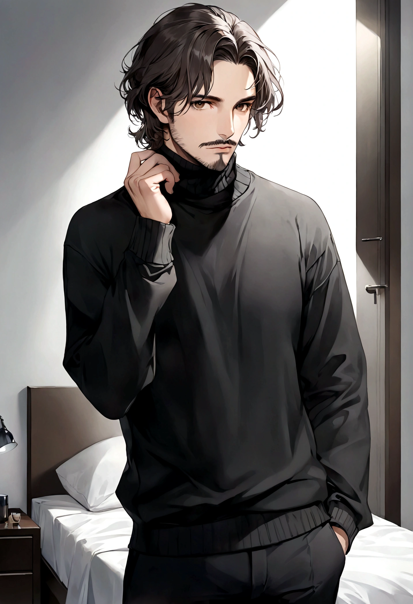 (black turtleneck sweater, A men's turtleneck sweater), ), ((bigote estilo Van Dyke y (barba de chivo) "Van Dyke", Van Dyke beard)), (light brown eyes), Aspecto atractivo y serio, ((cabello muy largo oscuro, messy hair)), Elegante y con estilo, abrigo elegante color gris largo, Un hombre similar al actor Jim Morrison con el cabello largo, ((cabello muy largo)), (Imagen realista y de alta calidad), Apartamento escandinavo en el fondo simple de un cuarto, ((La mejor calidad, 8K, obra maestra).((pose dinamica con mirada al frente, viendo al espectador)), (cabello largo pasando los hombros)