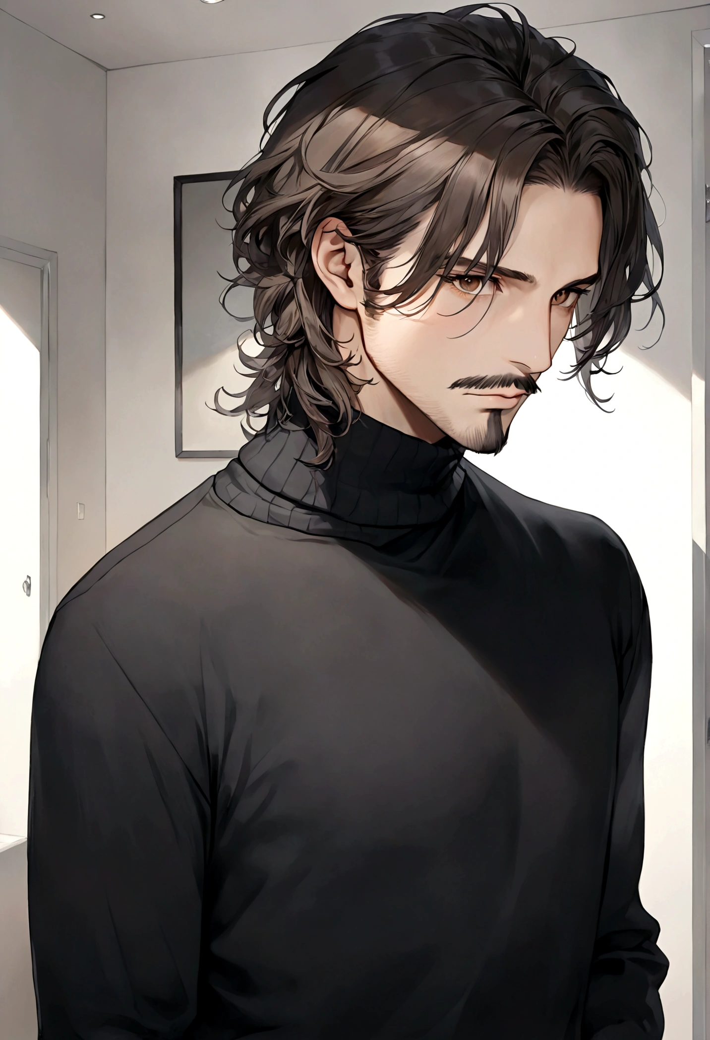 (black turtleneck sweater, A men's turtleneck sweater), ), ((bigote estilo Van Dyke y (barba de chivo) "Van Dyke", Van Dyke beard)), (light brown eyes), Aspecto atractivo y serio, ((cabello muy largo oscuro, messy hair)), Elegante y con estilo, abrigo elegante color gris largo, Un hombre similar al actor Jim Morrison con el cabello largo, ((cabello muy largo)), (Imagen realista y de alta calidad), Apartamento escandinavo en el fondo simple de un cuarto, ((La mejor calidad, 8K, obra maestra).((pose dinamica con mirada al frente, viendo al espectador)), (cabello largo pasando los hombros)