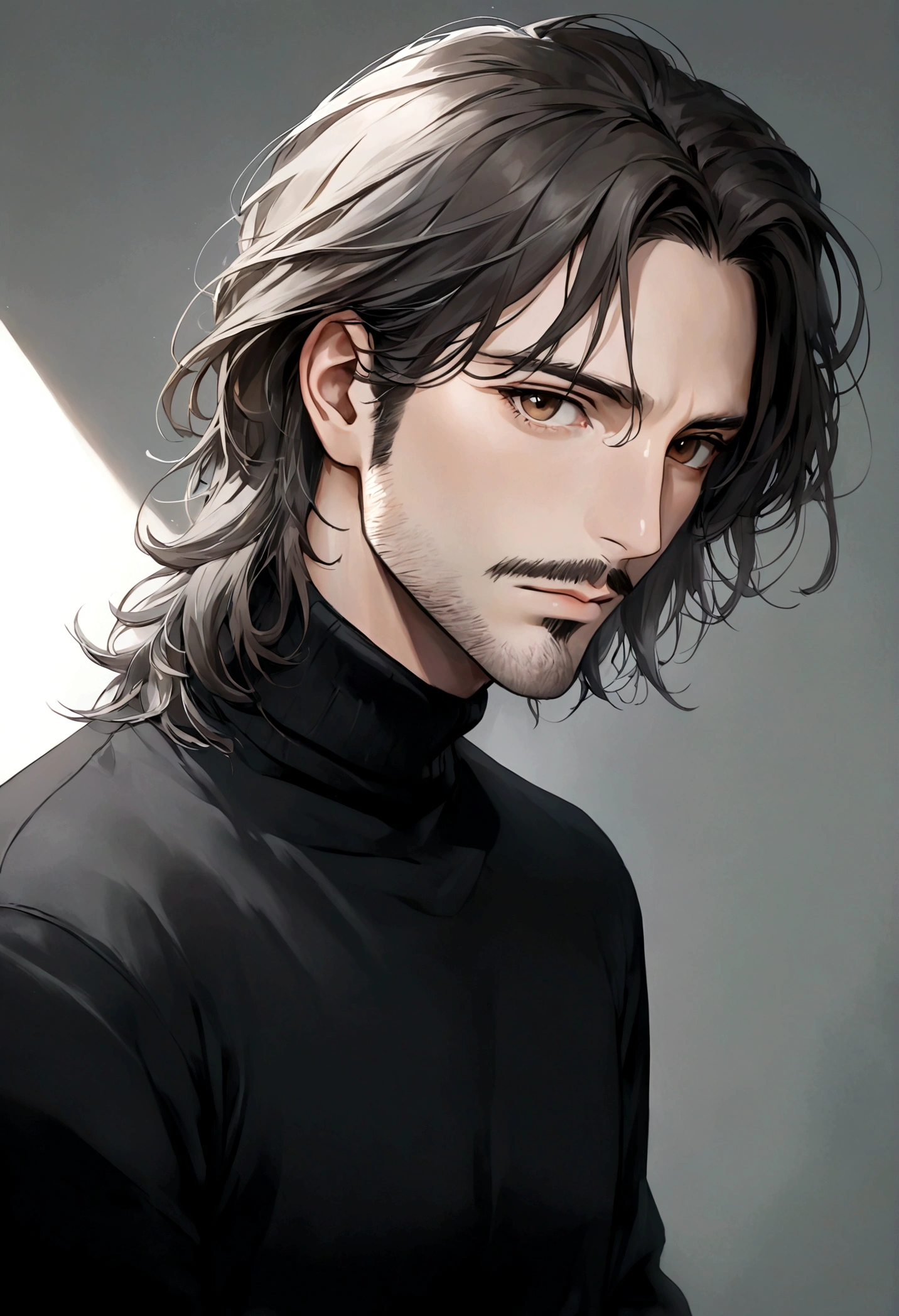 (black turtleneck sweater, A men's turtleneck sweater), ), ((bigote estilo Van Dyke y (barba de chivo) "Van Dyke", Van Dyke beard)), (light brown eyes), Aspecto atractivo y serio, ((cabello muy largo oscuro, messy hair)), Elegante y con estilo, abrigo elegante color gris largo, Un hombre similar al actor Jim Morrison con el cabello largo, ((cabello muy largo)), (Imagen realista y de alta calidad), Apartamento escandinavo en el fondo simple de un cuarto, ((La mejor calidad, 8K, obra maestra).((pose dinamica con mirada al frente, viendo al espectador)), (cabello largo pasando los hombros)