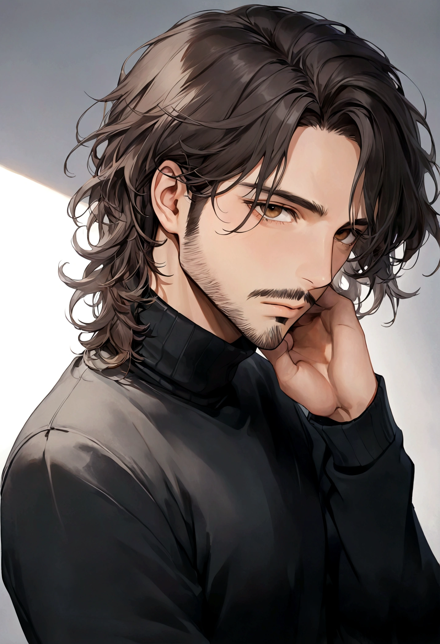 (black turtleneck sweater, A men&#39;s turtleneck sweater), ), ((bigote estilo Van Dyke y (barba de chivo) "Van Dyke", Van Dyke beard)), (light brown eyes), Aspecto atractivo y serio, ((cabello muy largo oscuro, messy hair)), Elegante y con estilo, abrigo elegante color gris largo, Un hombre similar al actor Jim Morrison con el cabello largo, ((cabello muy largo)), (Imagen realista y de alta calidad), Apartamento escandinavo en el fondo simple de un cuarto, ((La mejor calidad, 8K, obra maestra).((pose dinamica con mirada al frente, viendo al espectador)), (cabello largo pasando los hombros)