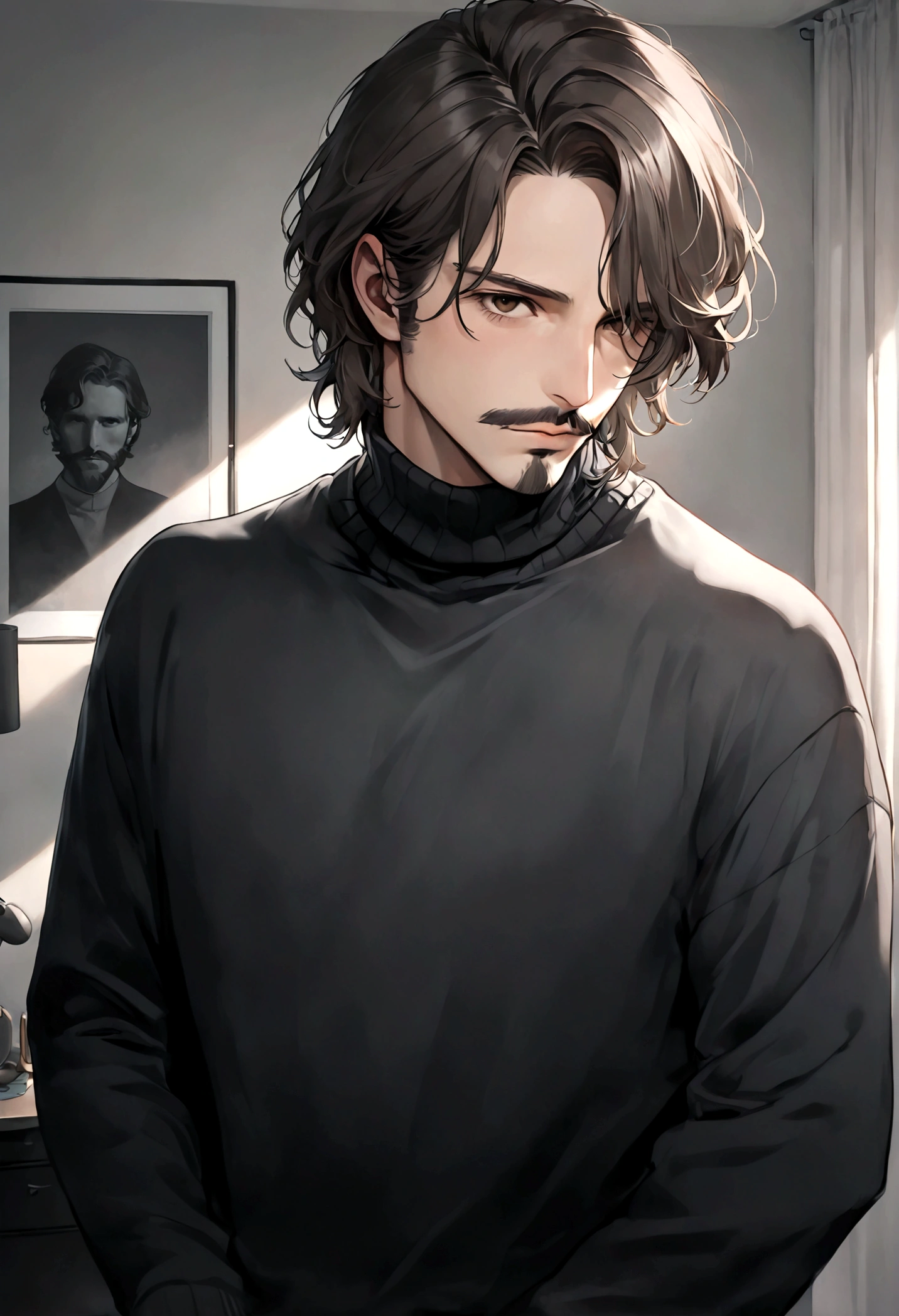 (black turtleneck sweater, A men's turtleneck sweater), ), ((bigote estilo Van Dyke y (barba de chivo) "Van Dyke", Van Dyke beard)), (light brown eyes), Aspecto atractivo y serio, ((cabello muy largo oscuro, messy hair)), Elegante y con estilo, abrigo elegante color gris largo, Un hombre similar al actor Jim Morrison con el cabello largo, ((cabello muy largo)), (Imagen realista y de alta calidad), Apartamento escandinavo en el fondo simple de un cuarto, ((La mejor calidad, 8K, obra maestra).((pose dinamica con mirada al frente, viendo al espectador)), (cabello largo pasando los hombros)