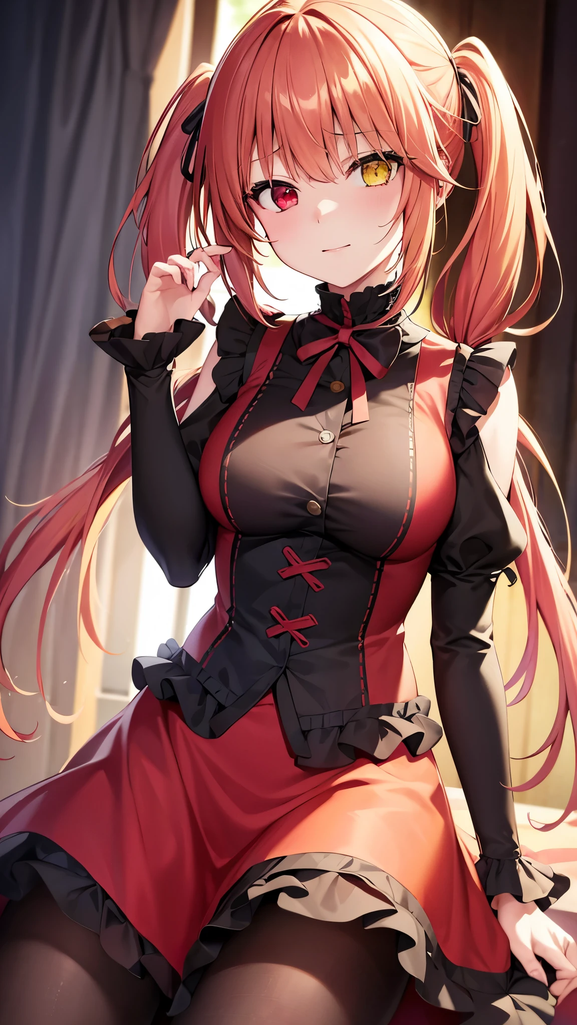 8k,Super Detailed Game CG, (High resolution:1.1),(Absurd:1.1), highest quality, 超High resolution, 最High resolution, Very detailed, One Girl, KurumiBase, (Clock Eye), Heterochromia iridis, (Red eyes:1.2), (Yellow Eyes:1.5), (((Long twin tails))), hair band, Red dress, Frills, Removable sleeves, Frillsチョーク, Show Viewer, alone, Pretending to be embarrassed, Upload to TikTok