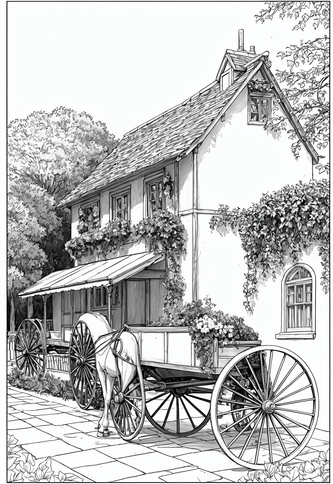 grey and white only, Book page coloring art, All-white background, Use only outlines, line art, coloring book, Clean line art, For coloring Simple and clean line art, coloring book page, perfect symmetric details, Countryside Inn: A cozy countryside inn with ivy growing up the walls, a sign hanging out front, a flower-filled garden, and a horse-drawn carriage waiting by the entrance.