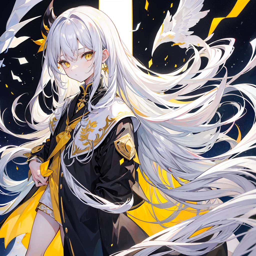 Boy, white long hair, yellow eyes, dressing black