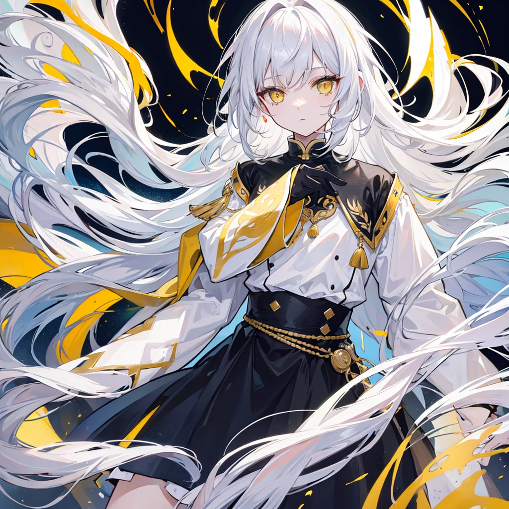 Boy, white long hair, yellow eyes, dressing black