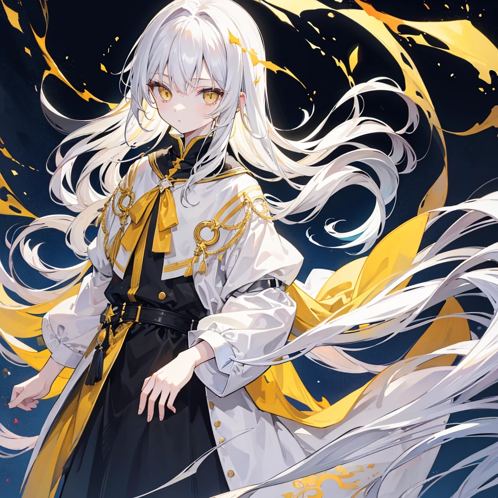 Boy, white long hair, yellow eyes, dressing black