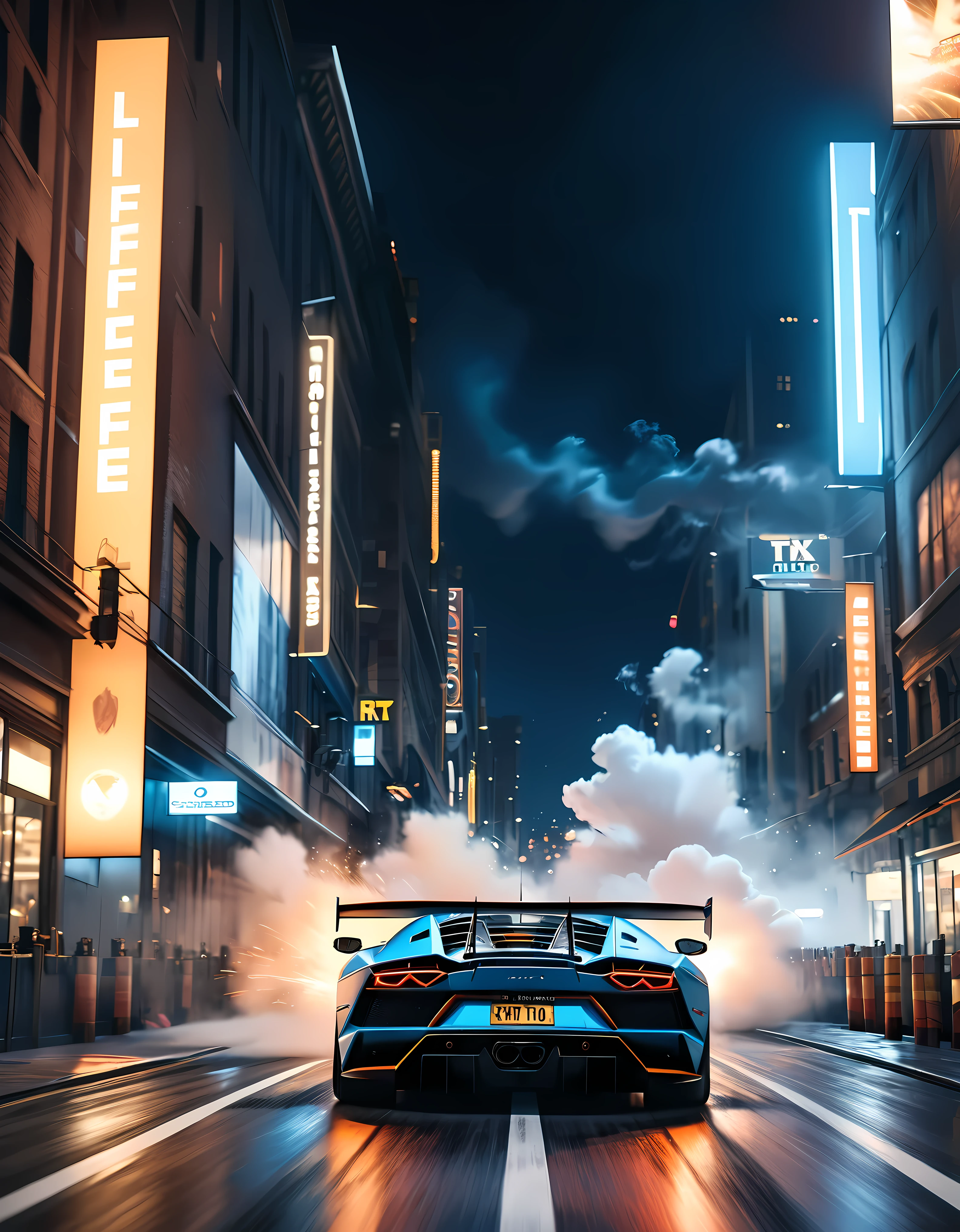 ((Masterpiece in maximum 16K resolution):1.6),((soft_color_photograpy:)1.5), ((Ultra-Detailed):1.4),((Movie-like still images and dynamic angles):1.3), ((motion blur):1.1) | (Cinematic backview photo of a speeding Lamborghini race car), (street race), (cinematic lens), ((tyndall effect):1.1), (Street light), (smoke), (super car), ((backview):1.2), (Night at City Street), (sense of speed), (shimmer), (visual experience), (Realism), (Realistic), award-winning graphics, dark shot, film grain, extremely detailed, Digital Art, rtx, Unreal Engine, scene concept anti glare effect, All captured with sharp focus. | Rendered in ultra-high definition with UHD and retina quality, this masterpiece ensures anatomical correctness and textured skin with super detail. With a focus on high quality and accuracy, this award-winning portrayal captures every nuance in stunning 16k resolution, immersing viewers in its lifelike depiction. Avoid extreme angles or exaggerated expressions to maintain realism. | ((perfect_composition, perfect_design, perfect_layout, perfect_detail, ultra_detailed)), ((enhance_all, fix_everything)), More Detail, Enhance.