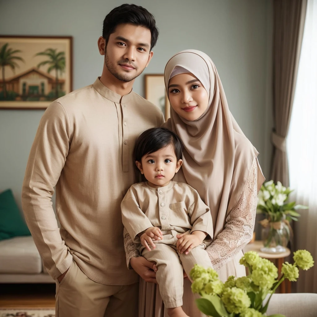 foto keluarga indonesia, tiga anggota, ayah dan ibu usia 30, anak laki laki usia 2 tahun, mereka kompak memakai baju muslim, warna krem muda dan longdress sharia warna yang sama dan selaras, berhijab, foto realistis, background ruang tamu, pencahayaan siang, vas bunga hijau, detail, best fotografi, uhd, 32k